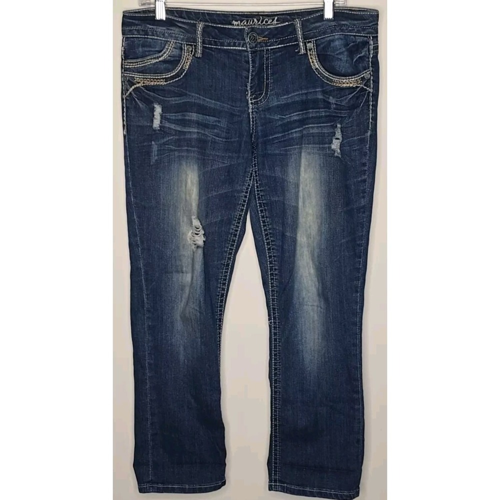 Maurices Women's Cropped Jeans 34x25 Low Rise Dark Wash Thick Stitch Distressed